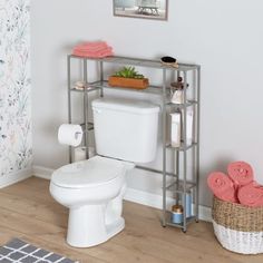 a white toilet sitting in a bathroom next to a shelf