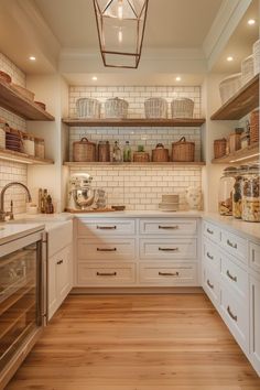 the kitchen is clean and ready for us to use it's shelves are open