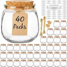 mason jars with labels and spoons are shown next to each other, along with the words 40 packs