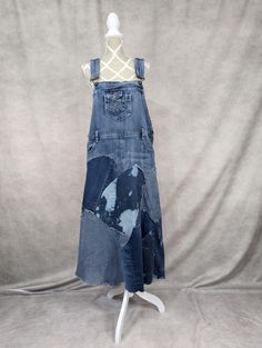 Upcycled denim patchwork overall dress with frayed seams and jagged hem. Adjustable shoulder straps. Functional front and rear pockets. Side buttons at waist. Waist measures 38", hips 42" and length is approximately 51". Diy Clothes Refashion, Upcycled Denim, Denim Patchwork, Refashion Clothes, Overall Dress, Dress Clothes For Women, Diy Clothes, Shoulder Straps, Overalls