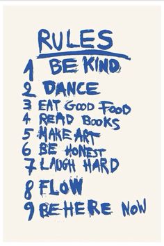 the rules for dance written in blue ink on white paper with black and blue writing