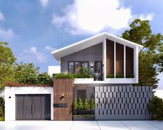 this is a computer rendering of a modern house with two garages and an attached balcony