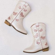 Cowgirl Pink + White Bow Boots Cute White Boots For Fall, Cute Outdoor Boots With Round Toe, Fall Boots With Bow And Round Toe, Cute Pink Leather Boots, Cute Leather Boots For Winter, Cute Leather Boots For Spring, Cute High-top Leather Boots, Cute Leather Boots For Fall, Cute Leather Closed Toe Boots