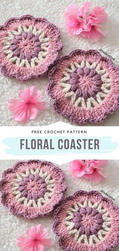 three crocheted coasters with pink flowers on them and the text, free crochet pattern floral coaster