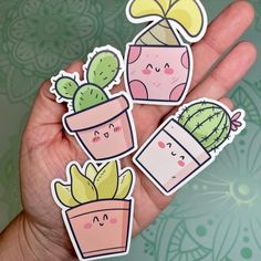 hand holding three stickers with cactus and succulents on them