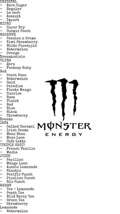 the monster energy logo is shown in black and white, as well as other words