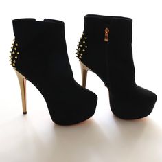 - Brand New - Faux Suede - 6.5" Heels - 2" Platform - Gold Zipper - Gold Studs - Condition: Sold As Pictured Winter Party Platform Booties, Party Platform Booties With Round Toe, High Heel Platform Booties For Party, Party Platform High Heel Booties, Party High Heel Platform Booties, Fall Party Platform Boots With Studs, Spiked Winter Platform Boots For Party, Winter Party Platform Boots With Spikes, Fall Party Studs Platform Boots