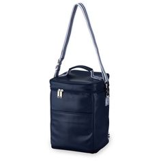 a blue leather bag on a white background