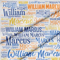 an image of the word william and mary printed on a white background with orange, blue, and yellow lettering