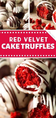 red velvet cake truffles with chocolate drizzled on top