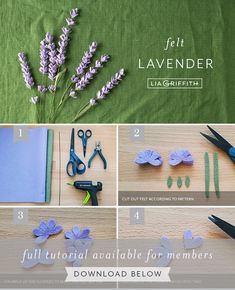 the instructions for making lavender flowers are shown in several different stages of development, including cutting and embellishing