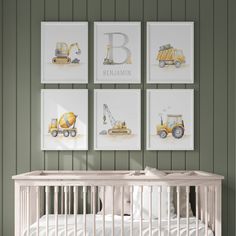 a baby's room with green walls and pictures on the wall, including a crib