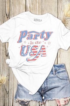 PARTY IN THE USA GRAPHIC TEE Our Shirts are Authentically Designed and Hand Screen Printed for Best Quality *Process where the ink is dyed into the shirt and graphic will not peel away -Proudly Hand Pressed in Los Angeles, CA. -30 Singles. 100% Washed Cotton -Comfortable and Very Soft -Style by Rolling up the Sleeves, Tie a Side Knot, Front Tuck... SIZE AND FIT *Please refer to the last photo option for measurements WASHING AND CARE -Machine Wash with Like Colors -Tumble Dry Low -Do Not Bleach - Party In The Usa Shirt, 4th Of July Graphic Tees, Fourth Of July Shirts For Women, Party In The Usa Outfit, Usa T Shirt, Usa Shirts, America Shirts, Party In The Usa, July Outfits