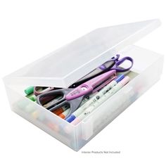 a clear container with scissors, markers and pens