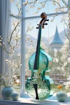 a violin sitting on top of a window sill in front of a flower filled window