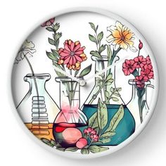 a clock with flowers and vases painted on it