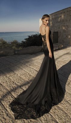 Gothic Sexy Mermaid Lace Back And  Spaghetti Straps Bridal Gown Free Shipping - A Thrifty Bride Shop Black Wedding Gowns, Wedding Dresses Images, Evening Dress Long, Evening Dress Collection, Gothic Wedding Dress, Dark Wedding, Galia Lahav, Black Bridal, Rene Caovilla