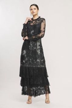 Shop for Kartikeya India Black Floral Lace Layered Maxi Dress for Women Online at Aza Fashions Formal Sheer Lace Maxi Dress, Evening Lace Maxi Dress With Ruffles, Chic Evening Maxi Dress With Lace Patchwork, Elegant Sheer Maxi Length Lace Dress, Elegant Sheer Lace Maxi Dress, Floor-length Lace Dress With Lace Patchwork For Evening, Evening Lace Maxi Dress With Sheer Sleeves, Long Sleeve Lace Work Maxi Dress For Spring, Elegant Evening Maxi Dress With Lace Work