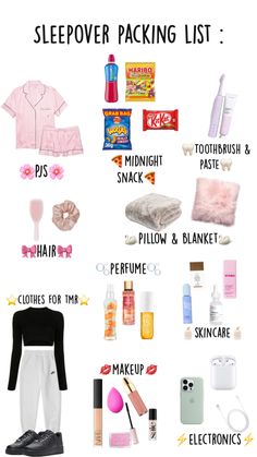 a poster with the words sleepover packing list and items to pack for travel on it