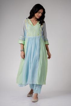 Shop for these amazing collections of Blue Chanderi Embroidery Manahil Colorblock Anarkali And Palazzo Set For Women by Label Mansi Nagdev online at Aza Fashions. Creative Dress, Traditional Indian Dress, Fashion Sketches Dresses, Palazzo Set, Sketches Dresses, Kurta Designs Women, Fashion Design Dress, Indian Dress, Embroidery Floral