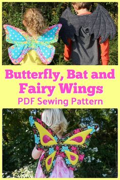 two children wearing butterfly wings with text overlay that says, butterfly bat and fairy wings