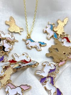 Gold Novelty Charm Necklaces For Gifts, Gold Novelty Charm Necklace For Gifts, Multicolor Unicorn Print Jewelry For Gift, White Unicorn Print Jewelry For Gifts, White Unicorn Print Jewelry For Gift, Whimsical White Charm Necklaces, Whimsical White Charm Necklace, Unicorn Jewelry, Unicorn Charm