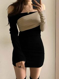 Patchwork Off Shoulder Sweater Dress - AnotherChill Short Sheath Dress, Dress Women Elegant, Dress Stores Online, Off Shoulder Sweater, Slim Dresses, 여자 패션, Korean Outfits, Kpop Fashion, Elegant Fashion