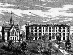 an old black and white drawing of a large building with trees in the foreground