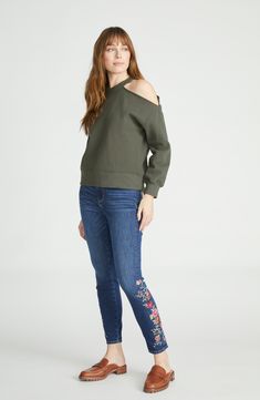 Intricate embroidered flowers bloom all over some jeans cut from dark-washed stretch-kissed denim. 28" inseam; 10 1/2" leg opening Zip fly with button closure Five-pocket style 93% cotton, 5% polyester, 2% spandex Machine wash, tumble dry Imported Fall Embroidered Relaxed Fit Jeans, Embroidered Dark Wash Jeans For Fall, Casual Embroidered Fall Jeans, Fall Season Embroidered Dark Wash Jeans, Spring Stretch Jeans With Floral Embroidery, Dark Wash Floral Embroidery Jeans For Spring, Spring Embroidered Dark Wash Jeans, Spring Floral Embroidered Dark Wash Jeans, Fall Floral Embroidered Denim Jeans