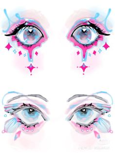 three different images of an eye with pink and blue accents on it, including the iris