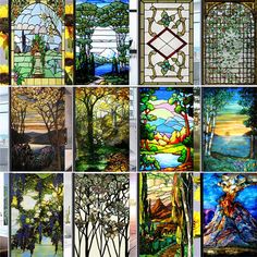 many different stained glass windows with trees and flowers on them, all in different colors