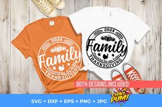 two t - shirts with the words family on them and an orange shirt next to it