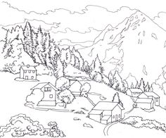 a black and white drawing of houses in the mountains