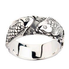 Japanese Koi Fish 925 Sterling Silver Wedding Band Ring  100% Solid sterling silver  Official.925 trademark stamp on the interior of the band  Polished finish  Ring weight : 9 Grams;   Features the official.925 trademark stamp on the interior of the band  Width of ring: 8 mm.    Fans of these mesmerising fish are sure to feel an instant affinity with this delightful ring.  Carp Koi are vibrant, multi-coloured fish native to Japan and renowned for their distinctive patterns and colours. Koi fish Koi Fish Tattoos, Fish Wedding, Japanese Koi Fish, Fishing Wedding, Fish Ring, Wedding Band Rings, Silver Wedding Band, Japanese Koi, Sterling Silver Wedding Band