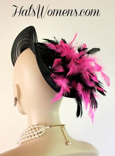 Ladies Black Satin Rolled Up Sheer Horsehair Crinoline Brim Designer Custom Made Victorian Edwardian Carriage Driving Riding Wedding Hat. This Beautiful Equestrian Formal Fashion Hat Is Trimmed With Black And Hot Pink Feathers. A Thick Band Of Black Sequin Encircles The Crown Of This Special Occasion Dress Hat. This Elegant Hat Is Suited For Winter, Spring, Summer Or Fall. A Perfect Cocktail Hat For The Holidays. This Fashion Hat Is Appropriate To Wear To Church, Formals, Funerals, And Special O Rose Flower Colors, Elegant Hat, Bespoke Hats, Sequin Hat, Dressy Hats, Carriage Driving, Royal Ascot Hats, Veiled Hats, Bridal Fascinator