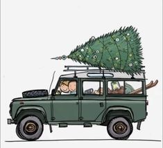 a green jeep with a christmas tree on top of it's roof and two people in the back