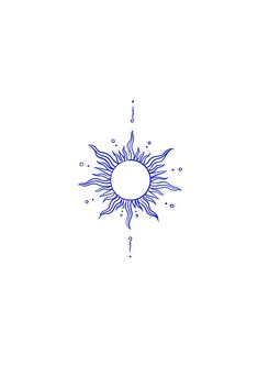 a blue and white drawing of a sun with water drops coming out of it's center