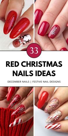 Christmas Nail Designs Short Red, Gel Nail Designs For Long Nails, Nail Ideas Christmas Red, Christmas Nail Almond Ideas, Red Nails With Christmas Design, Christmas Nail Art Designs Snowflakes Red, Simple Red Holiday Nails, Red Gel Christmas Nails, Shellac Christmas Nails Designs