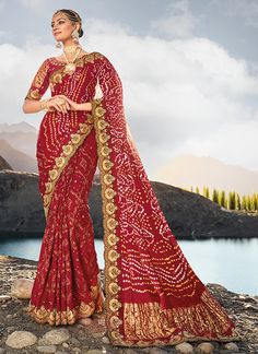 Bridal Red Multi Embroidery Bhandhej Satin Silk Saree Contemporary Saree, Mirror Work Saree, Maroon Saree, Bandhani Saree, Satin Saree, Embroidery Saree, Work Sarees, Satin Wedding, Satin Material