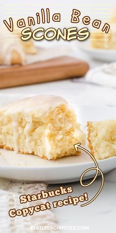 vanilla bean scones on a white plate with text