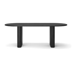 an oval table with black legs on a white background