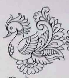 a drawing of a bird with swirls on it's wings and tail feathers