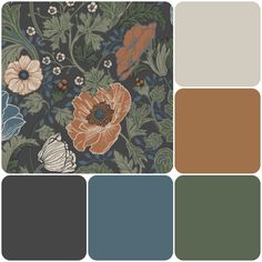 an assortment of color swatches with flowers and leaves on them in shades of blue, green, brown, beige