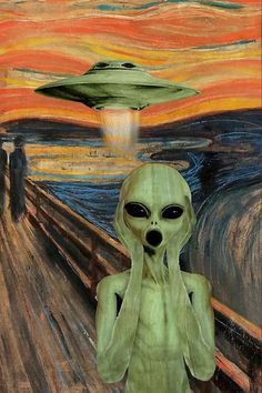 an alien standing in front of a painting