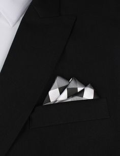 Black White Grey Checkered Oxygen Three Point Pocket Square | OTAA.COM Luxury Men's Suits With Pocket Square, Luxury Tailored Suit With Pocket Square, Luxury Elegant Rectangular Pocket Square, Luxury Elegant Black Pocket Square, Luxury Black Elegant Pocket Square, Luxury Men's Rectangular Pocket Square, Suit Handkerchief, Handmade Handkerchiefs, Dark Gray Suit