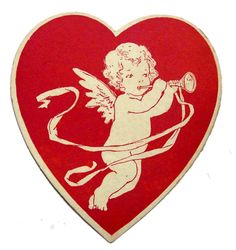 a red heart with an angel holding a hose in it's mouth and the words link