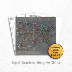 the digital string art kit includes an image of the united states, and instructions to make it