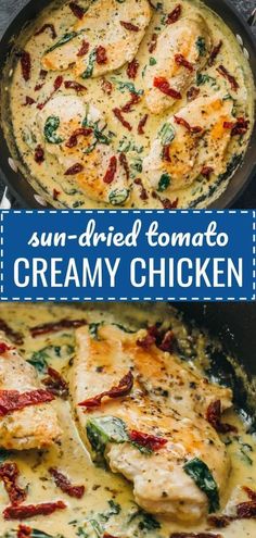 chicken with sun dried tomatoes and cream sauce in a skillet