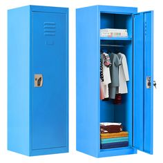 a blue locker with clothes hanging on it