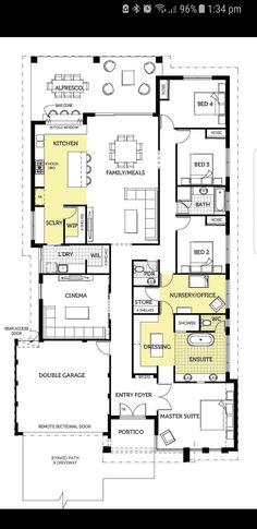 the floor plan for a two story house with three bedroom and an attached kitchen area